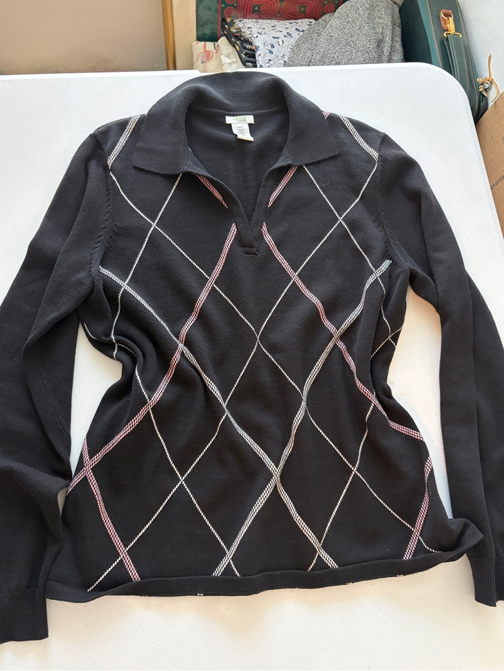 Izod Black Collared Knit Top with Pink Accent 9-08